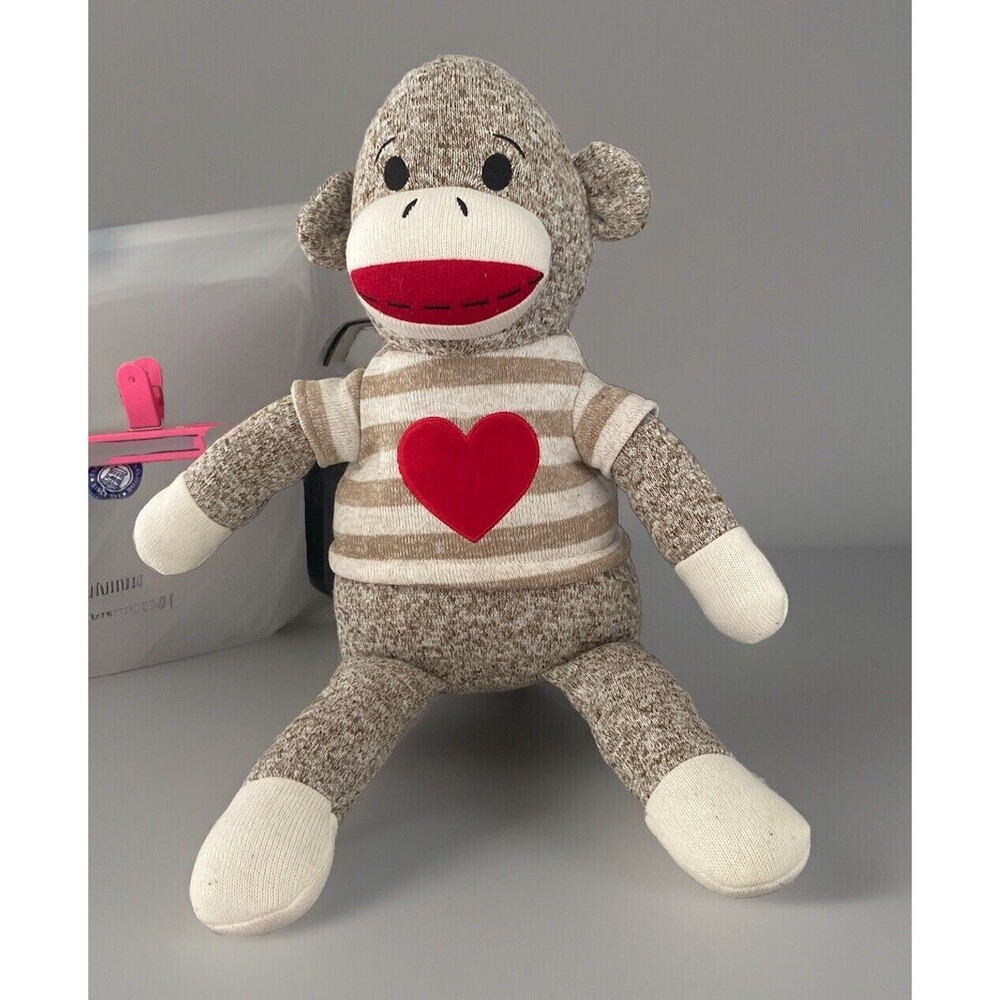 LARGE SOCK MONKEY BY DAN DEE 21" LARGE RED HEART PLUSH STUFFED ANIMAL TOY
